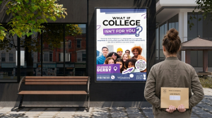 Woman stands by a bench holding GCSE results while facing a poster reading What if college isn’t for you? in a city street scene.